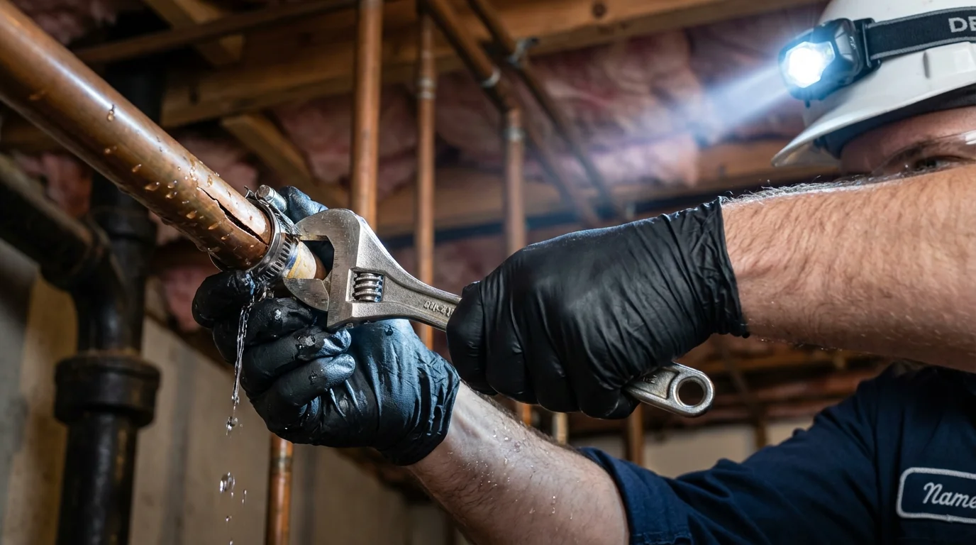Emergency pipe clamp repair being performed by a Johns Plumbing LLC plumber in Lindale