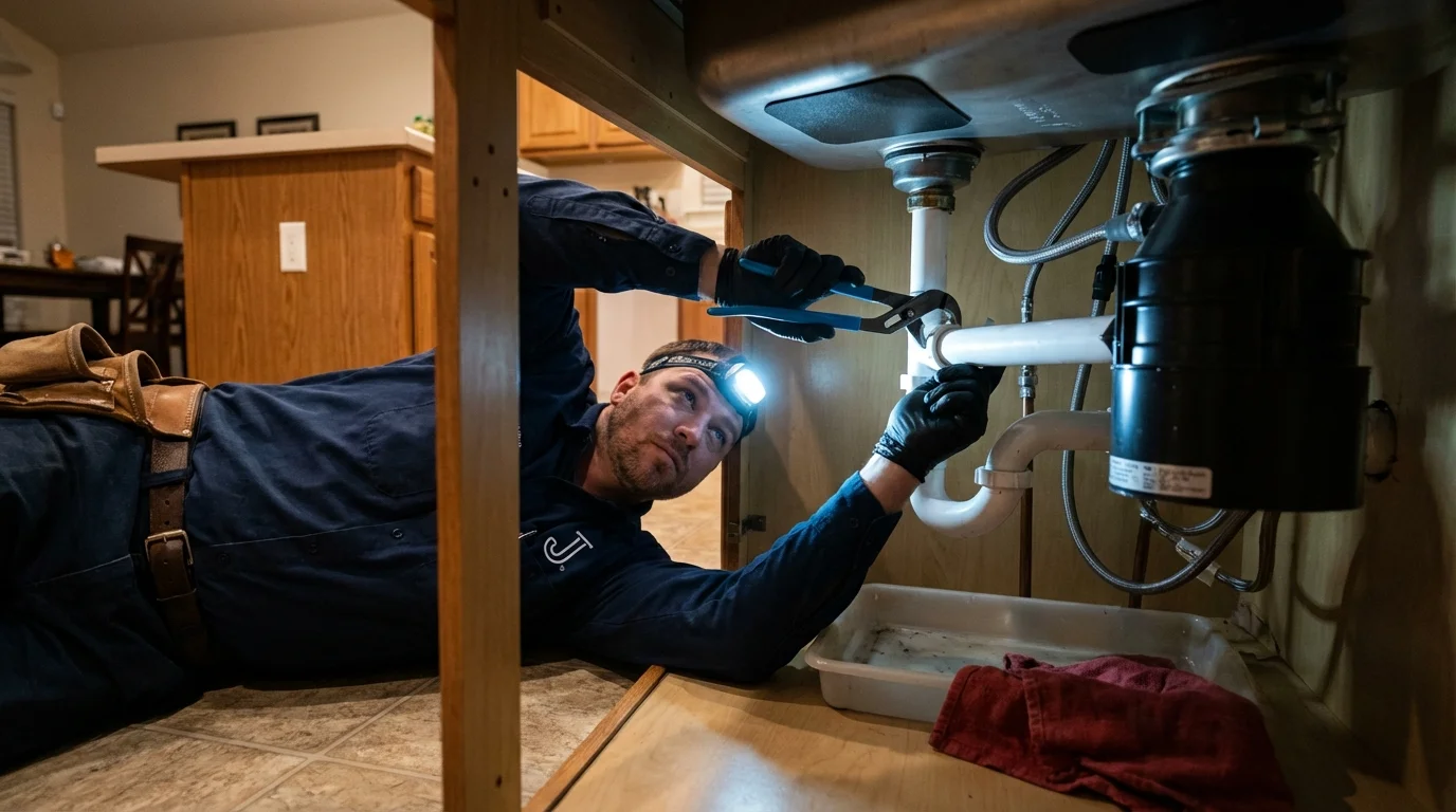 P-trap and supply line connections under a kitchen sink showing a common leak point in Lindale, GA